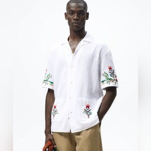 Zara White Short-Sleeve Shirt with Multicolor Floral Embroidery